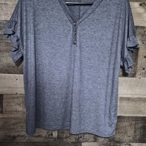 SHEIN Heather Blue Buttoned Ruffle Sleeve Tee